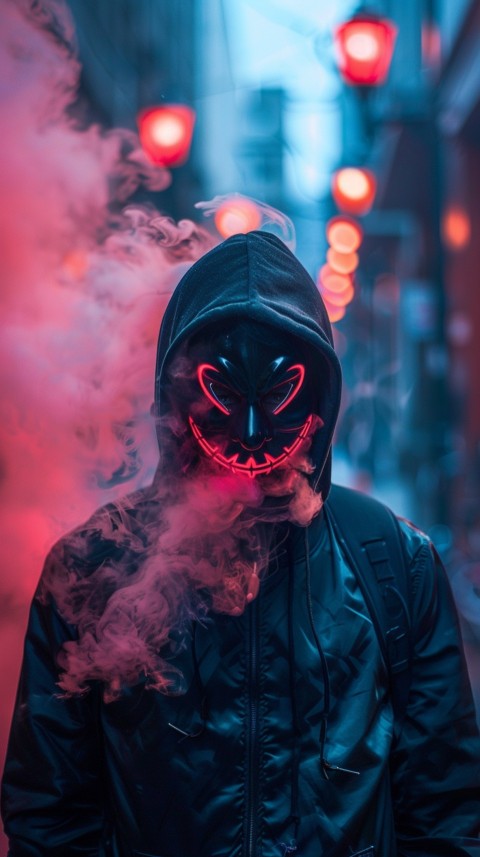 A boy wearing black hoodie with glowing neon smile face mask, surrounded by pink smoke and blue light in the dark background (11)