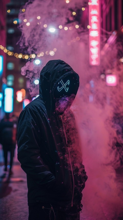 A boy wearing black hoodie with glowing neon smile face mask, surrounded by pink smoke and blue light in the dark background (21)