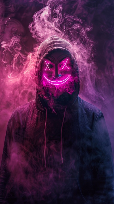 A boy wearing black hoodie with glowing neon smile face mask, surrounded by pink smoke and blue light in the dark background (13)