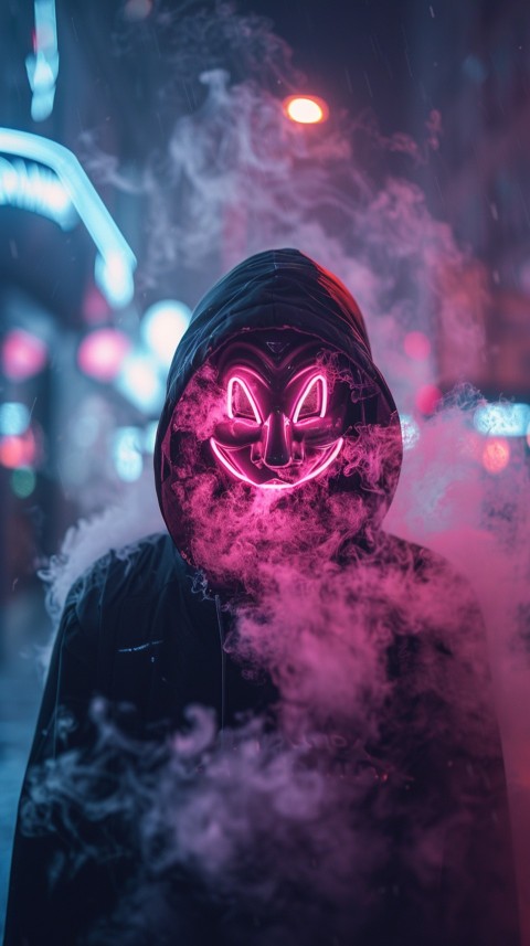 A boy wearing black hoodie with glowing neon smile face mask, surrounded by pink smoke and blue light in the dark background (26)