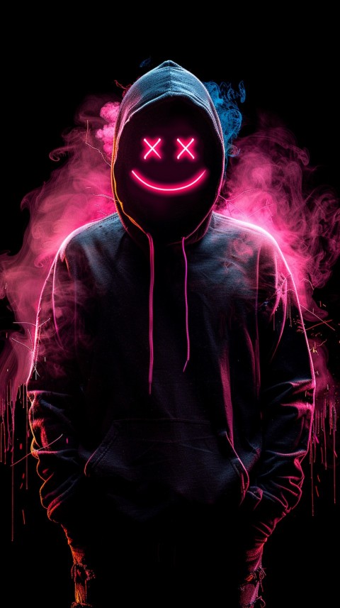 A boy wearing black hoodie with glowing neon smile face mask, surrounded by pink smoke and blue light in the dark background (12)