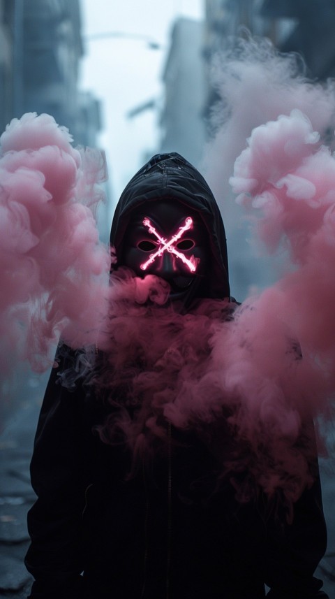 A boy wearing black hoodie with glowing neon smile face mask, surrounded by pink smoke and blue light in the dark background (18)