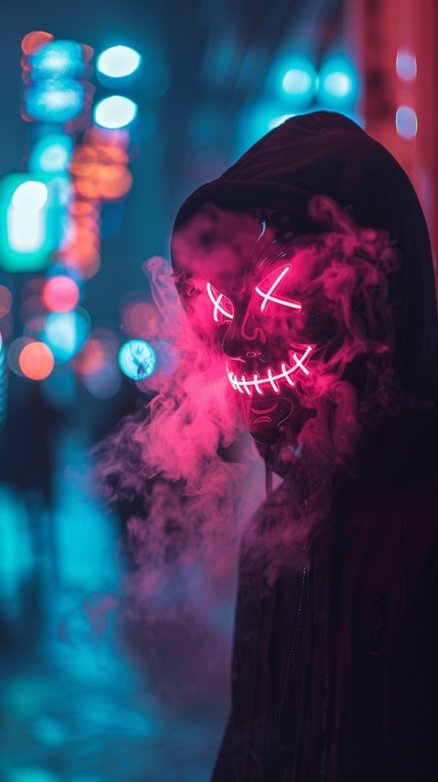 A boy wearing black hoodie with glowing neon smile face mask, surrounded by pink smoke and blue light in the dark background (45)