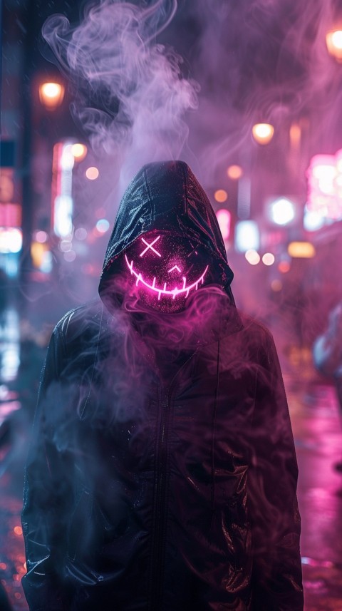 A boy wearing black hoodie with glowing neon smile face mask, surrounded by pink smoke and blue light in the dark background (44)