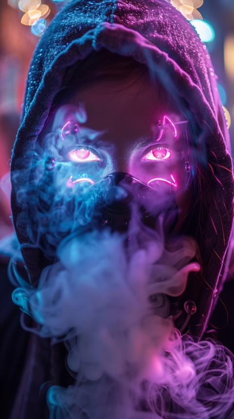A boy wearing black hoodie with glowing neon smile face mask, surrounded by pink smoke and blue light in the dark background (42)