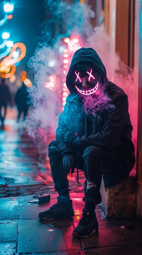 A boy wearing black hoodie with glowing neon smile face mask, surrounded by pink smoke and blue light in the dark background (37)