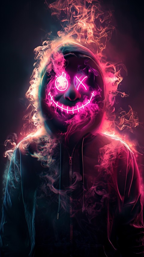 A boy wearing black hoodie with glowing neon smile face mask, surrounded by pink smoke and blue light in the dark background (50)