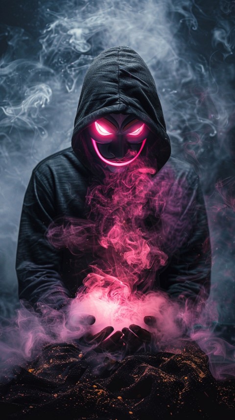 A boy wearing black hoodie with glowing neon smile face mask, surrounded by pink smoke and blue light in the dark background (49)