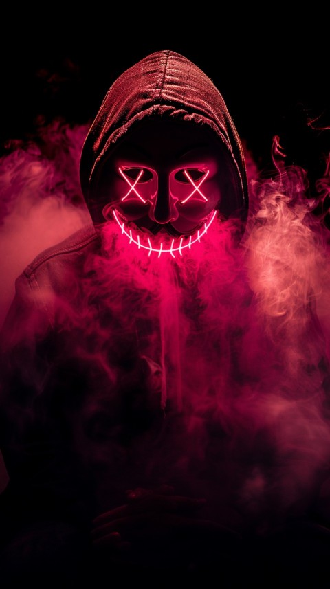 A boy wearing black hoodie with glowing neon smile face mask, surrounded by pink smoke and blue light in the dark background (51)