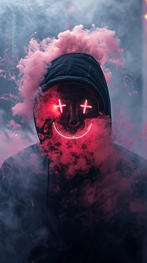A boy wearing black hoodie with glowing neon smile face mask, surrounded by pink smoke and blue light in the dark background (62)
