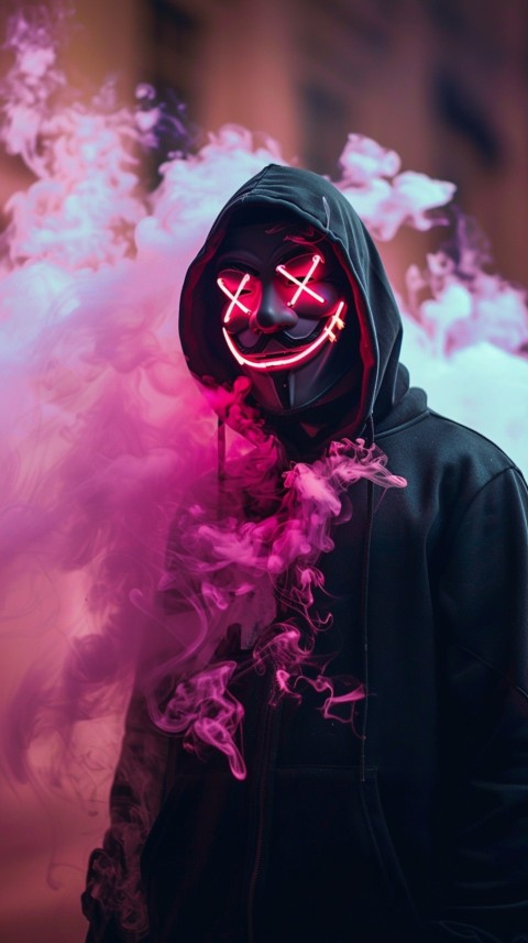 A boy wearing black hoodie with glowing neon smile face mask, surrounded by pink smoke and blue light in the dark background (63)