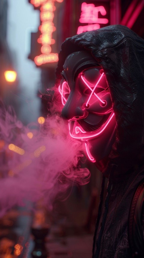 A boy wearing black hoodie with glowing neon smile face mask, surrounded by pink smoke and blue light in the dark background (64)
