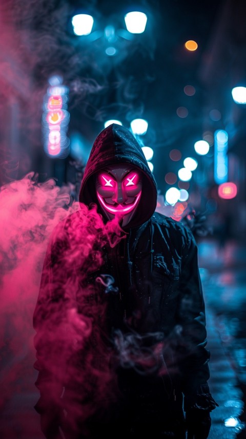 A boy wearing black hoodie with glowing neon smile face mask, surrounded by pink smoke and blue light in the dark background (52)