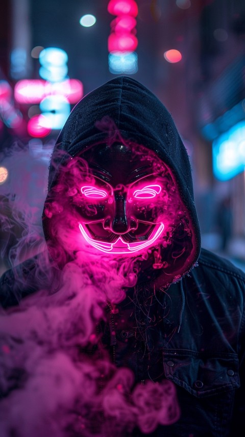 A boy wearing black hoodie with glowing neon smile face mask, surrounded by pink smoke and blue light in the dark background (61)