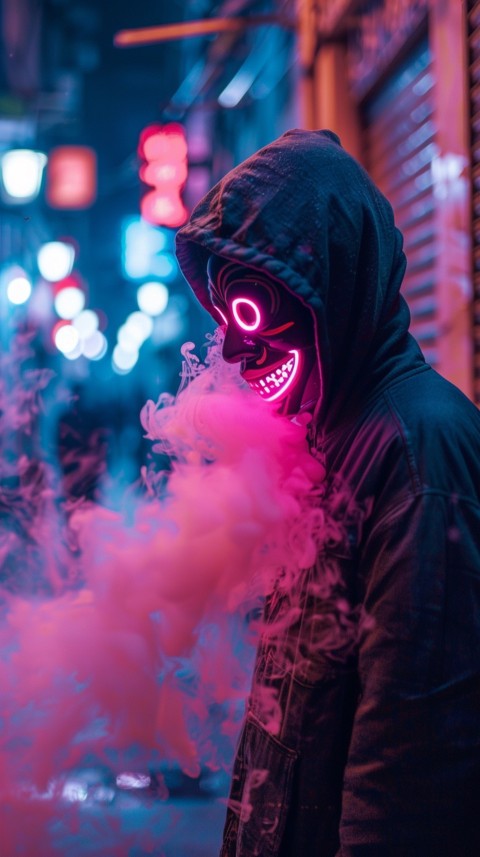 A boy wearing black hoodie with glowing neon smile face mask, surrounded by pink smoke and blue light in the dark background (56)