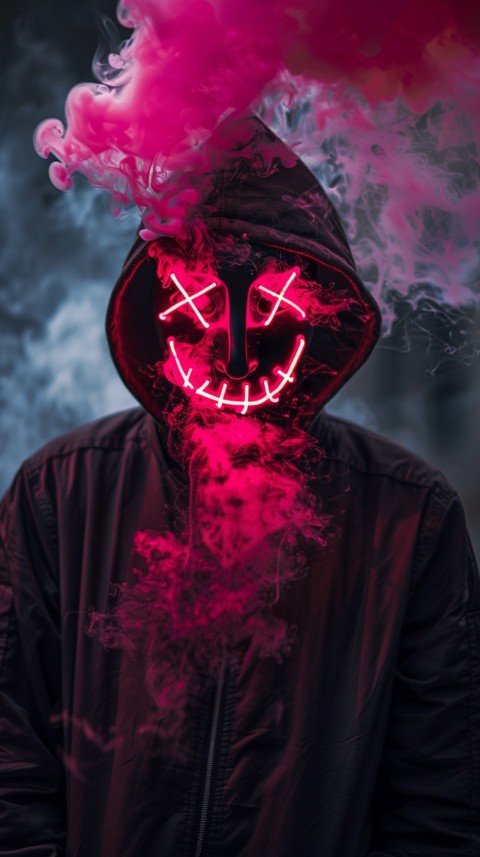 A boy wearing black hoodie with glowing neon smile face mask, surrounded by pink smoke and blue light in the dark background (55)