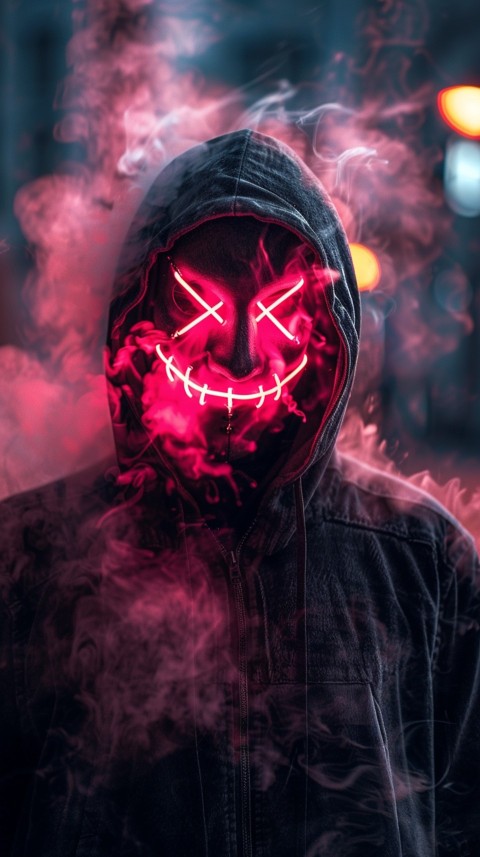 A boy wearing black hoodie with glowing neon smile face mask, surrounded by pink smoke and blue light in the dark background (69)