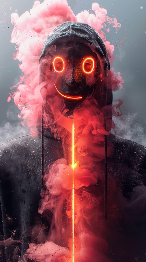 A boy wearing black hoodie with glowing neon smile face mask, surrounded by pink smoke and blue light in the dark background (53)