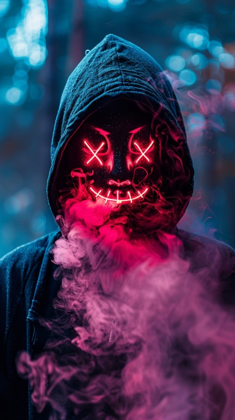 A boy wearing black hoodie with glowing neon smile face mask, surrounded by pink smoke and blue light in the dark background (70)