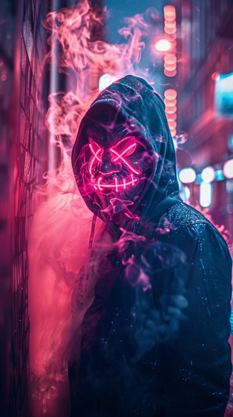 A boy wearing black hoodie with glowing neon smile face mask, surrounded by pink smoke and blue light in the dark background (57)