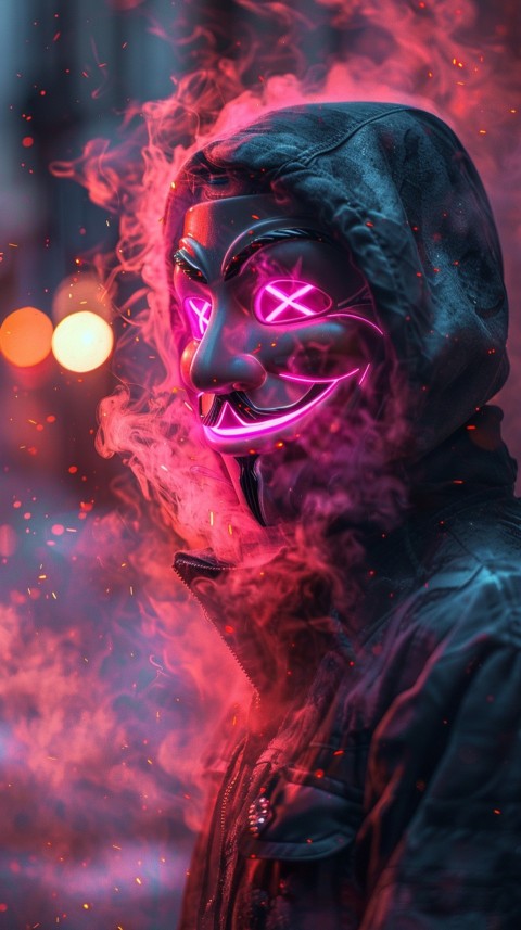 A boy wearing black hoodie with glowing neon smile face mask, surrounded by pink smoke and blue light in the dark background (54)