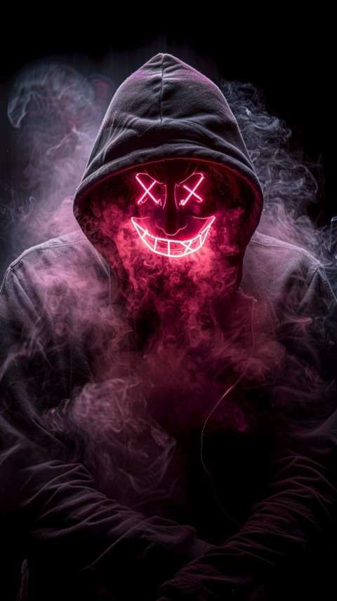 A boy wearing black hoodie with glowing neon smile face mask, surrounded by pink smoke and blue light in the dark background (91)