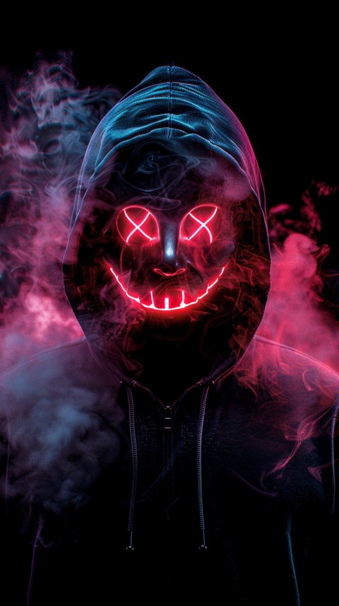 A boy wearing black hoodie with glowing neon smile face mask, surrounded by pink smoke and blue light in the dark background (72)