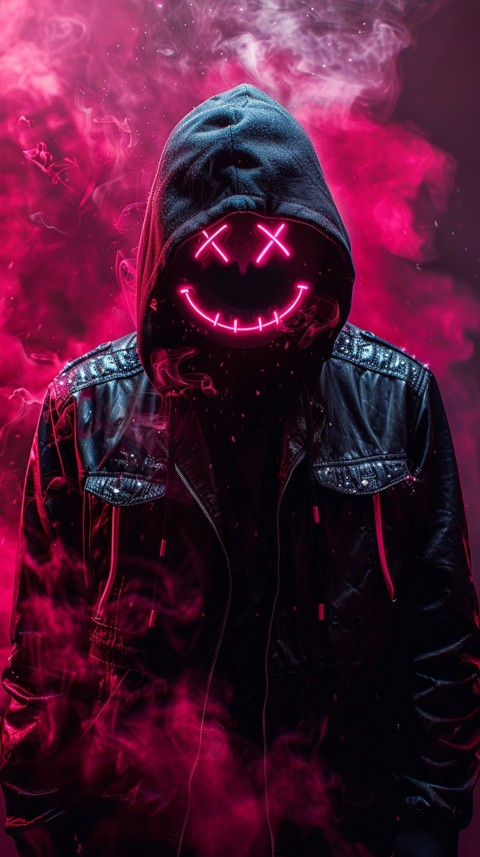 A boy wearing black hoodie with glowing neon smile face mask, surrounded by pink smoke and blue light in the dark background (71)