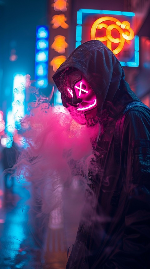 A boy wearing black hoodie with glowing neon smile face mask, surrounded by pink smoke and blue light in the dark background (73)