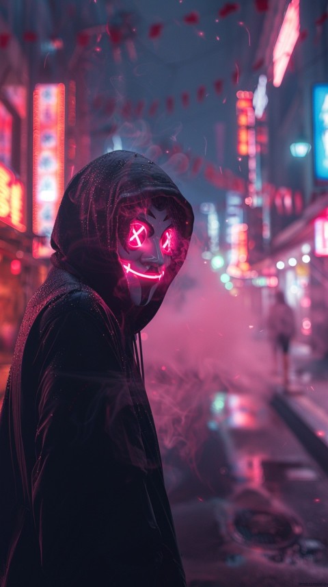 A boy wearing black hoodie with glowing neon smile face mask, surrounded by pink smoke and blue light in the dark background (78)
