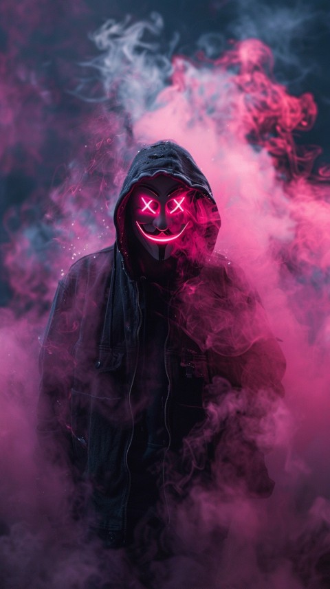 A boy wearing black hoodie with glowing neon smile face mask, surrounded by pink smoke and blue light in the dark background (97)