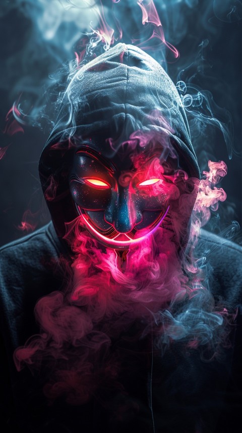 A boy wearing black hoodie with glowing neon smile face mask, surrounded by pink smoke and blue light in the dark background (90)