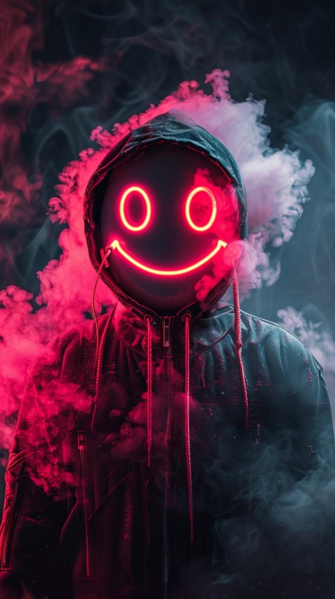 A boy wearing black hoodie with glowing neon smile face mask, surrounded by pink smoke and blue light in the dark background (94)