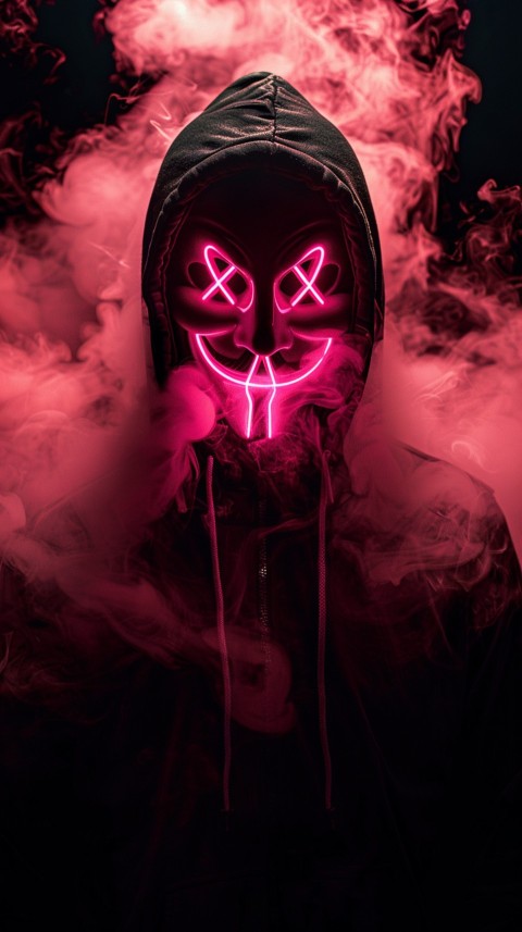 A boy wearing black hoodie with glowing neon smile face mask, surrounded by pink smoke and blue light in the dark background (88)