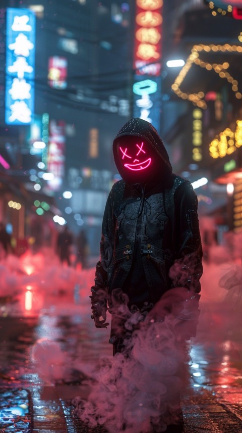A boy wearing black hoodie with glowing neon smile face mask, surrounded by pink smoke and blue light in the dark background (85)