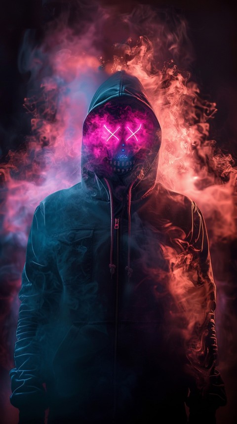 A boy wearing black hoodie with glowing neon smile face mask, surrounded by pink smoke and blue light in the dark background (92)