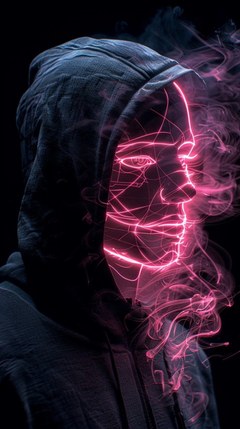 A boy wearing black hoodie with glowing neon smile face mask, surrounded by pink smoke and blue light in the dark background (99)