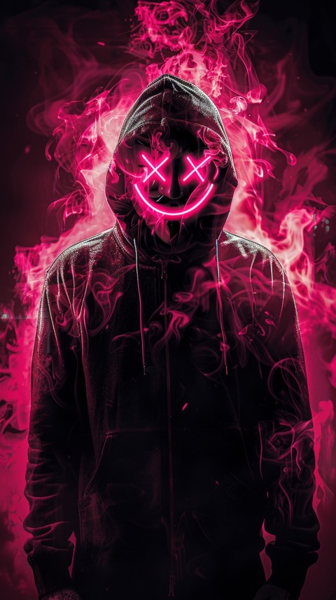 A boy wearing black hoodie with glowing neon smile face mask, surrounded by pink smoke and blue light in the dark background (75)
