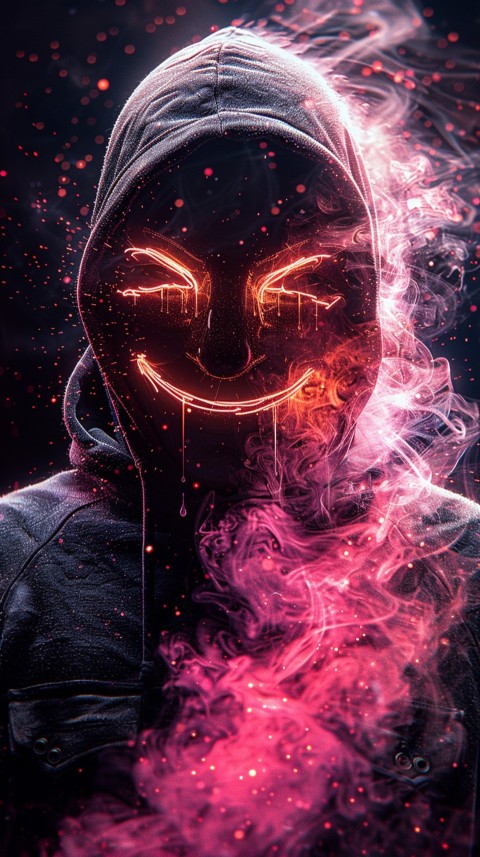 A boy wearing black hoodie with glowing neon smile face mask, surrounded by pink smoke and blue light in the dark background (89)