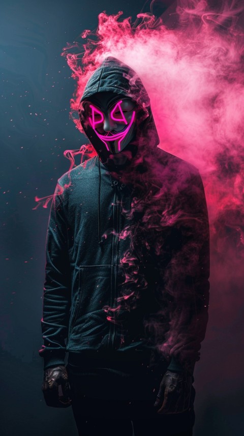 A boy wearing black hoodie with glowing neon smile face mask, surrounded by pink smoke and blue light in the dark background (131)