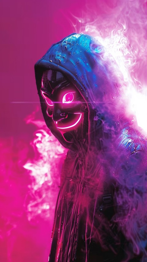 A boy wearing black hoodie with glowing neon smile face mask, surrounded by pink smoke and blue light in the dark background (105)
