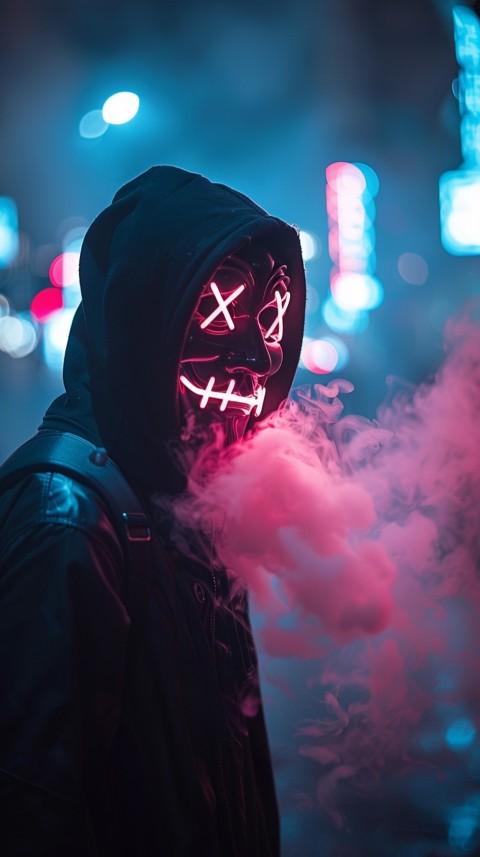 A boy wearing black hoodie with glowing neon smile face mask, surrounded by pink smoke and blue light in the dark background (136)