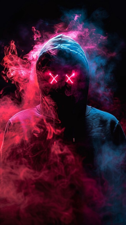 A boy wearing black hoodie with glowing neon smile face mask, surrounded by pink smoke and blue light in the dark background (126)