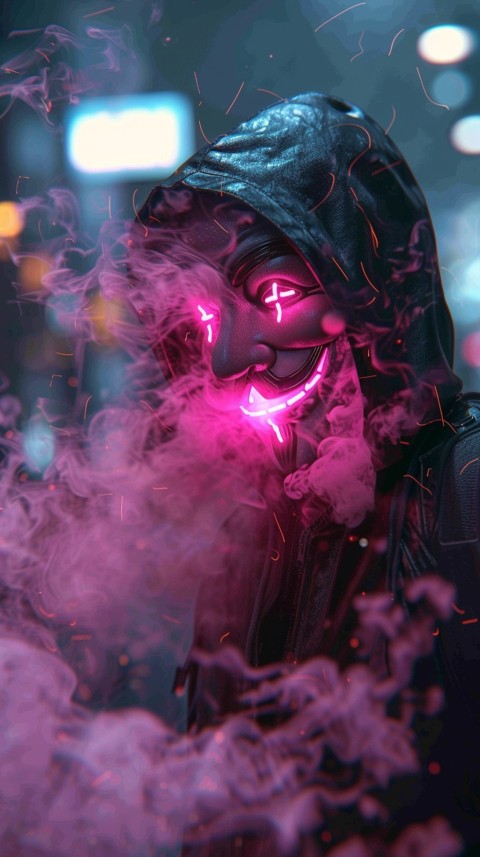 A boy wearing black hoodie with glowing neon smile face mask, surrounded by pink smoke and blue light in the dark background (132)