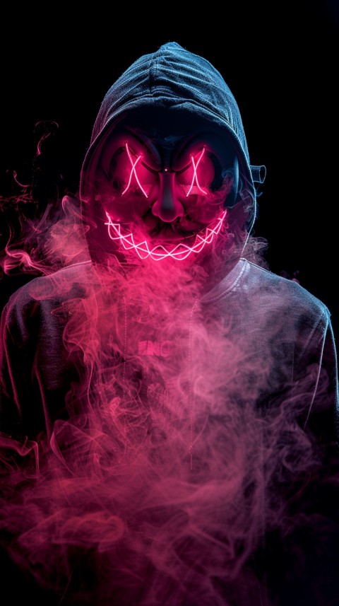 A boy wearing black hoodie with glowing neon smile face mask, surrounded by pink smoke and blue light in the dark background (124)