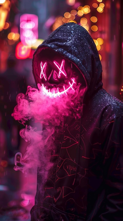 A boy wearing black hoodie with glowing neon smile face mask, surrounded by pink smoke and blue light in the dark background (145)