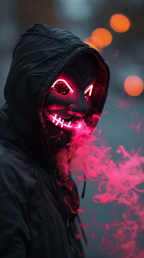 A boy wearing black hoodie with glowing neon smile face mask, surrounded by pink smoke and blue light in the dark background (138)