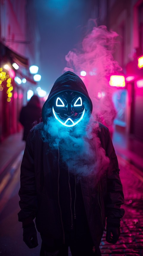 A boy wearing black hoodie with glowing neon smile face mask, surrounded by pink smoke and blue light in the dark background (141)