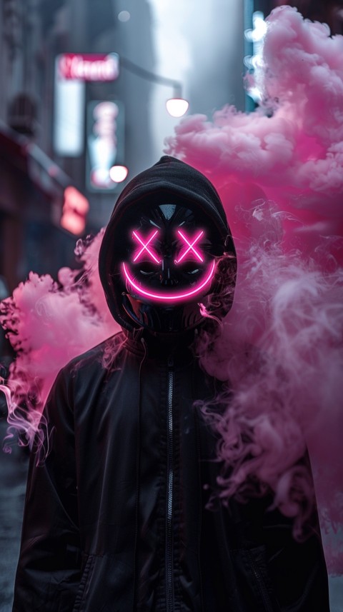 A boy wearing black hoodie with glowing neon smile face mask, surrounded by pink smoke and blue light in the dark background (150)