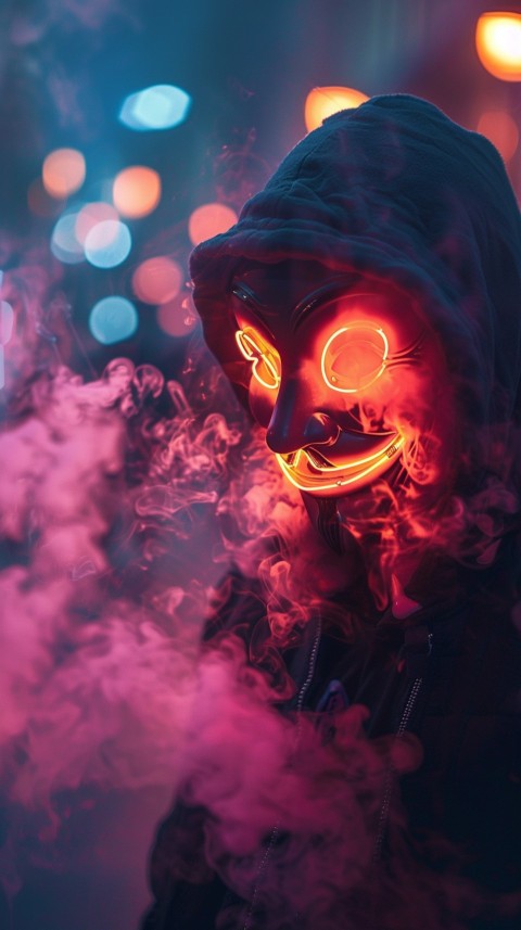 A boy wearing black hoodie with glowing neon smile face mask, surrounded by pink smoke and blue light in the dark background (101)